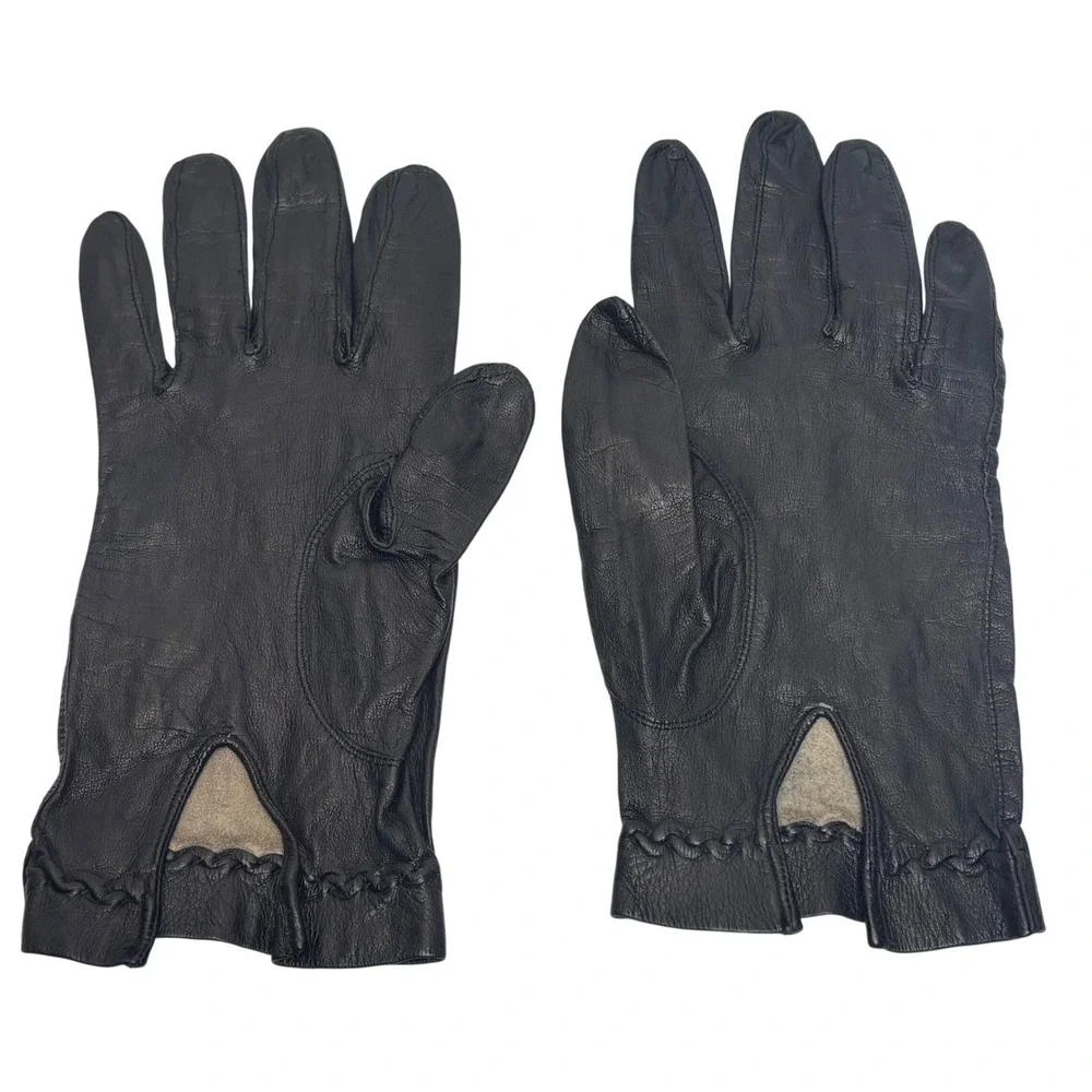 VTG Leather Driving Gloves Black Braided Trim Winter Classic Womens Small